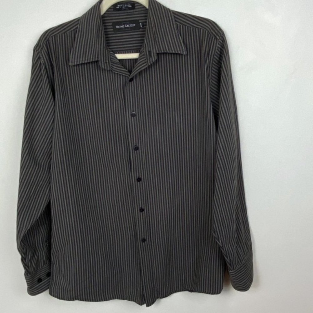Wayne Gretzky Mens‎ Striped Long Sleeve Dress Shirt Black Cotton Collared Top M